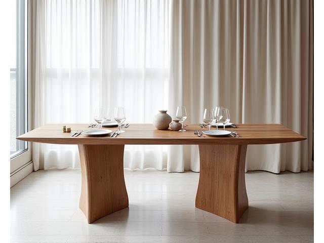 Op maat gemaakte houten eettafel met unieke poten, in een modern interieur.